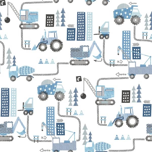 slide 2 of 6, Galerie Wallcoverings Tiny Tots 2 Contruction Trucks Non-woven Matte Wallpaper Roll 33 feet x 21 inches - Blues