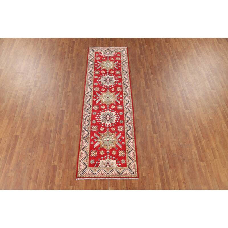 Geometric Kazak Runner Rug Handmade Red Wool Carpet - 2'11" x 9'8"