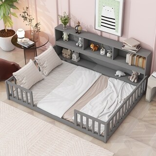 Full Wood Montessori Floor Bed w/Bookcase & Shelves,Guardrails, Grey