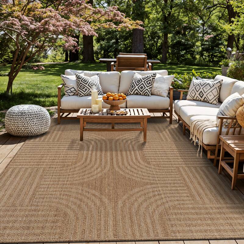 World Rug Gallery Geometric Indoor/Outdoor Flat Woven Area Rug - Natural Jute-Style, Easy-Care Patio Rug for Balcony Patio Deck - Sand - 9' x 12'