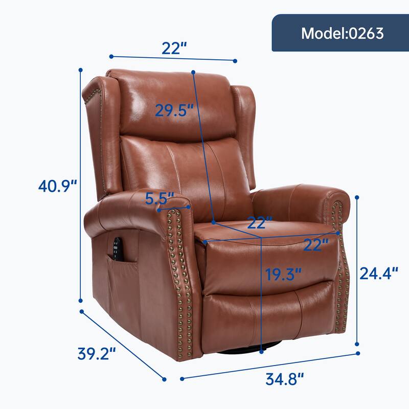 360° Swivel Rocking Recliner with Heat & Massage, Genuine Leather