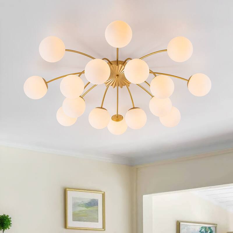 Mid-Century 12-Light Milky Glass Globe Sputnik Ceiling Light - 39in - Brass-16 Light Semi Flush Mount