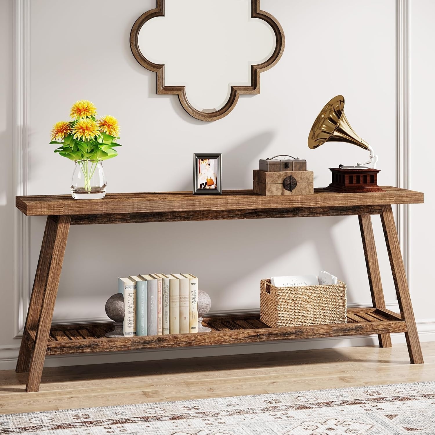 Brown Wood 2-Tier Farmhouse Console Table for Entryway