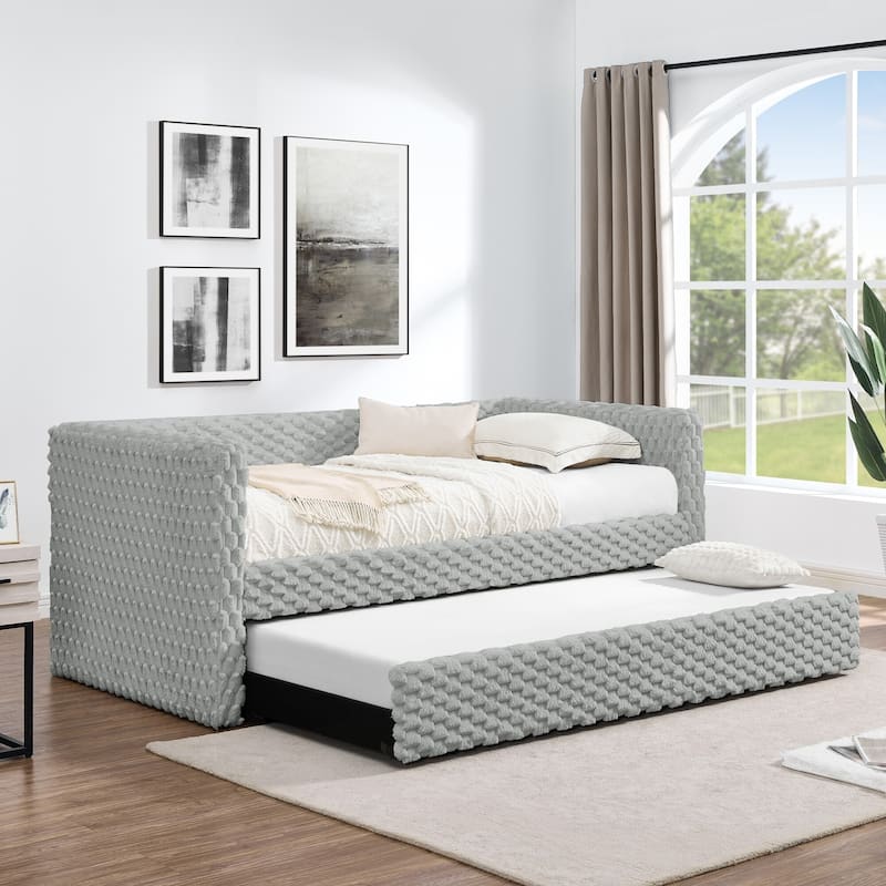Plaid Corduroy Fabric Upholstered Daybed with Trundle,Twin Size - Dark Grey