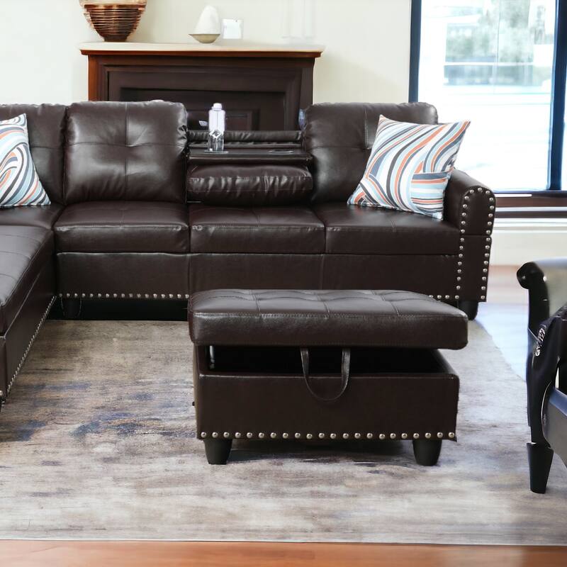 KISRAIS 28.5" Wide Vegan Leather Nailhead Trim Storage Ottoman