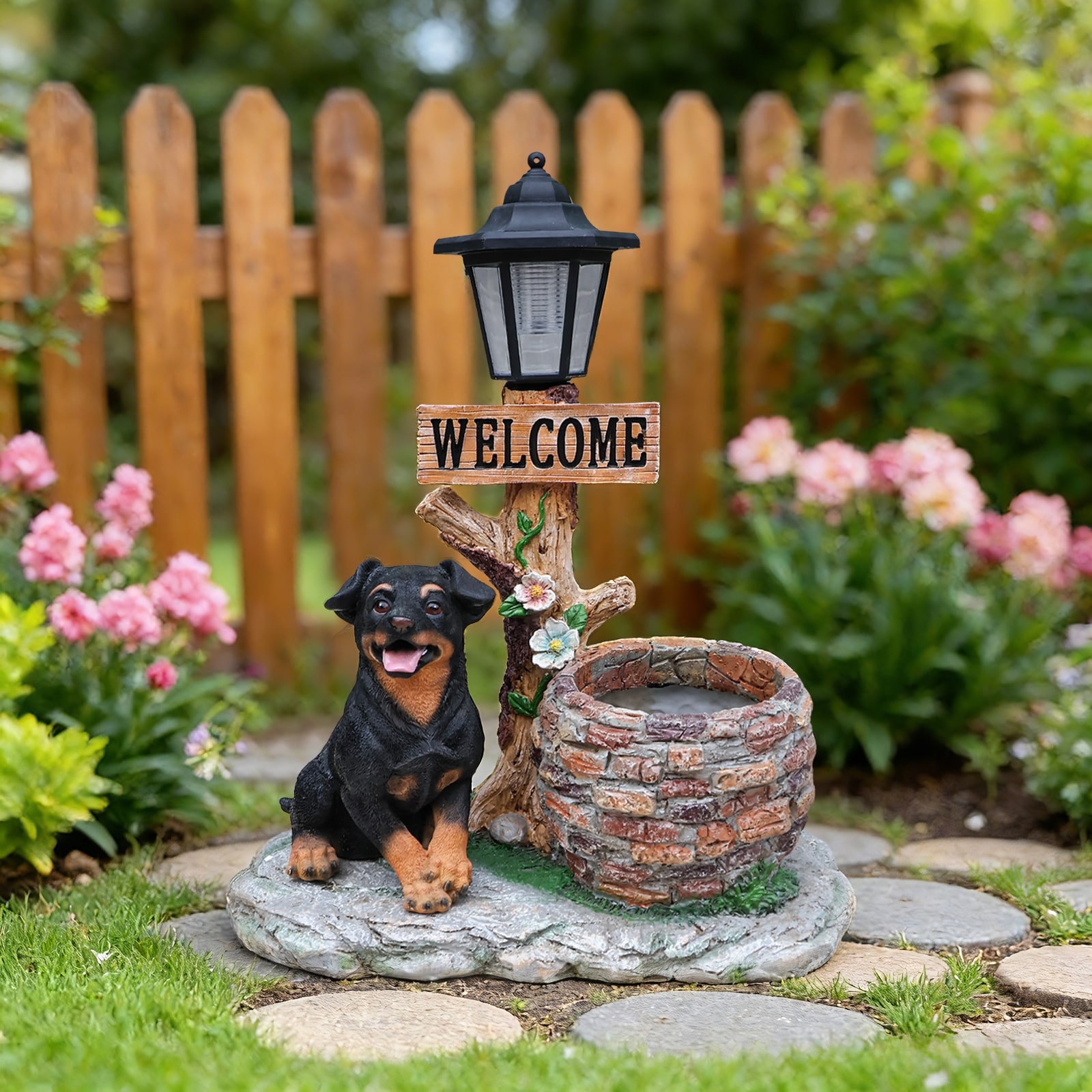 Puppy Dog Solar Planter Outdoor Garden Statue, Weather-Resistant