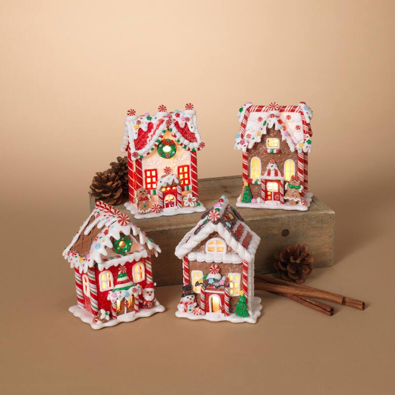 Set of 4 Battery Operated Lighted Clay Dough Holiday Gingerbread Houses
