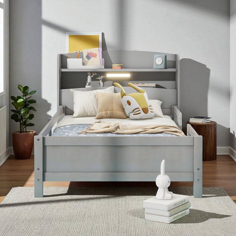 Twin/Full Size Wood Platform Bed with LED Light, Storage Headboard and Guardrail, No Box Spring Needed