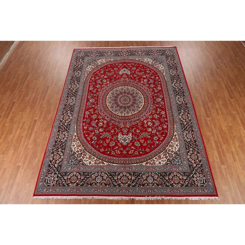 Traditional Kashan Turkish Rug Floral Red Machine-Made Carpet - 9'8" x 13'1"