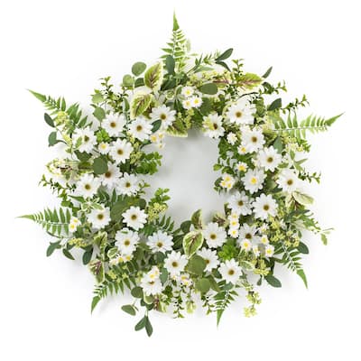 Mixed Fern and Daisy Floral Artificial Wreath - 22.5” - Unlit