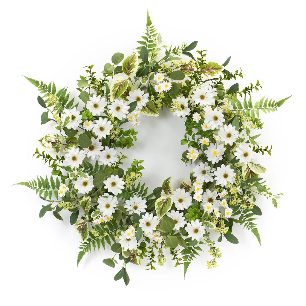 Mixed Fern and Daisy Floral Artificial Wreath - 22.5” - Unlit