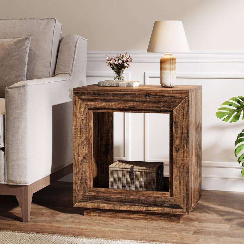 24" Rustic 2-Tier End Table, Side Table with Storage Shelf, Sofa Nightstand for Living Room, Bedroom, Entryway