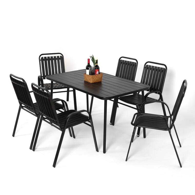 Outdoor Patio Dining Set with Plastic Chairs & Steel Table, 7 Pcs - Black