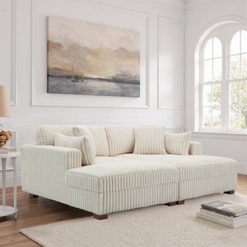 Sophia 84" W Plush Corduroy Chaise Lounge Modular Sectional Sofa - White&2 Pillows