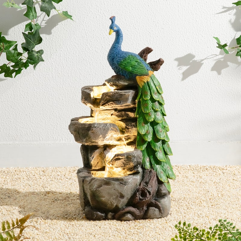 Glitzhome 20.5"H 4-Tierd Lighted Peacock Stacked Stones Polyresin Outdoor Floor Fountain