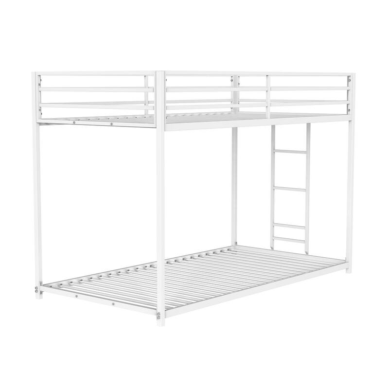 Twin Over Twin Metal Low Bunk Bed with Attached Ladder and Full Metal Construction