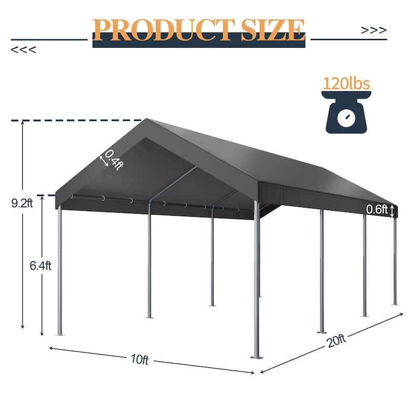 Futzca 10x20ft Heavy Duty Carport with UV Resistant Canopy - N/A