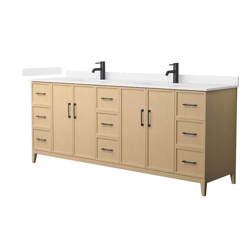 Elan 84-inch Double Vanity, Cultured Marble Top - White Oak, Black Trim, Carrara Cultured Marble Top