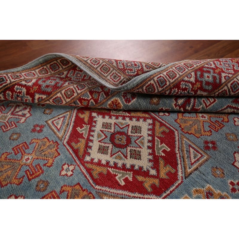 Light Blue Geometric Kazak Oriental Rug Bedroom Handmade Wool Carpet - 3'11" x 5'10"