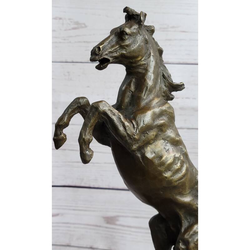Signed Barye Excited Rearing Horse Bronze Marble Sculpture Racing Marble Figure