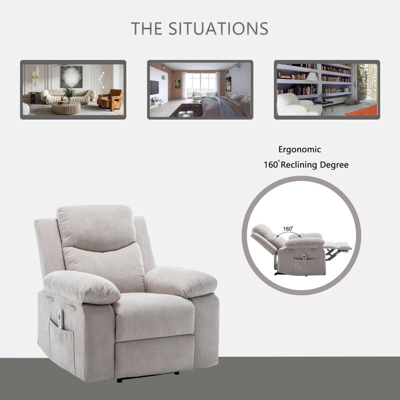 Power Recliner Chair with Heating & Massage, Velvet Electric Recliner with Side Pockets, Ergonomic Lounge Sofa Chair