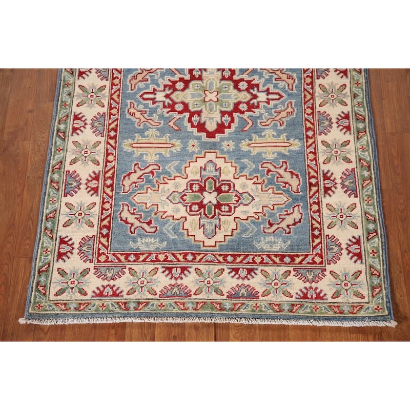 Blue Geometric Kazak Oriental Accent Rug Handmade Wool Carpet - 3'4"x 5'0"