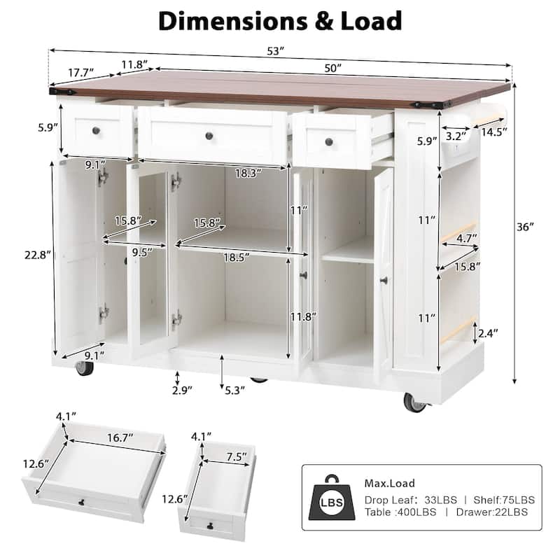 Rolling Kitchen Island Farmhouse Kitchen Cart with Folding Table 2 Drawers Adjustable Dining Shelves, for Kitchen