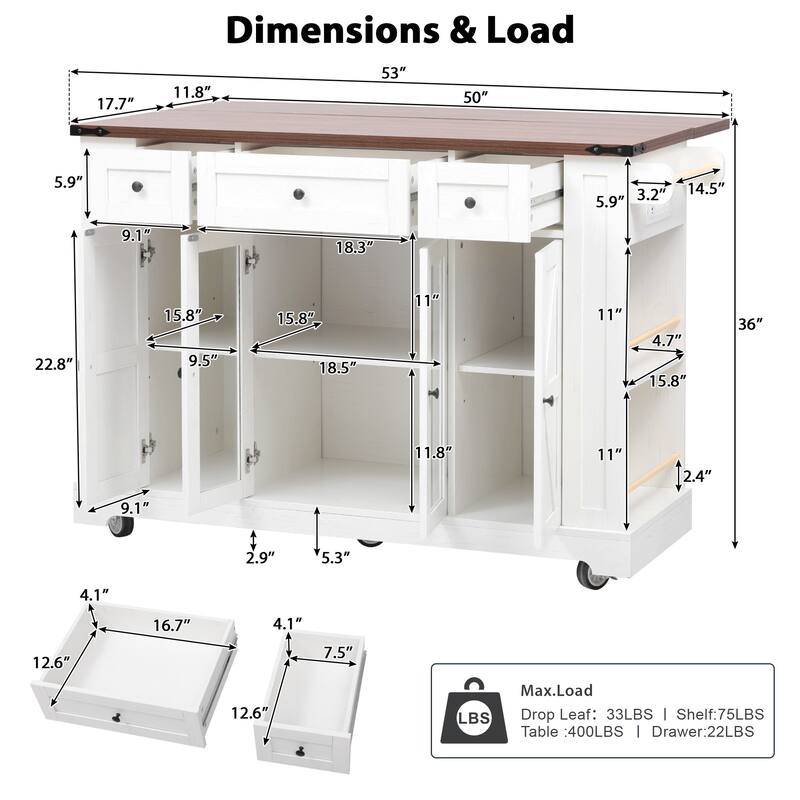 Roomfitters 53" Rolling Kitchen Island with Drop Leaf, Mobile Cart with Glass Doors, 5 Side Shelves & Power Outlets