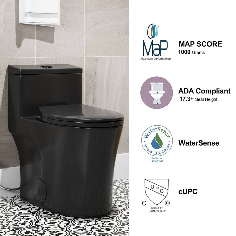 HOROW One Piece 0.8/1.28 GPF Dual Flush Elongated Black Toilet with Soft Close Seat - N/A