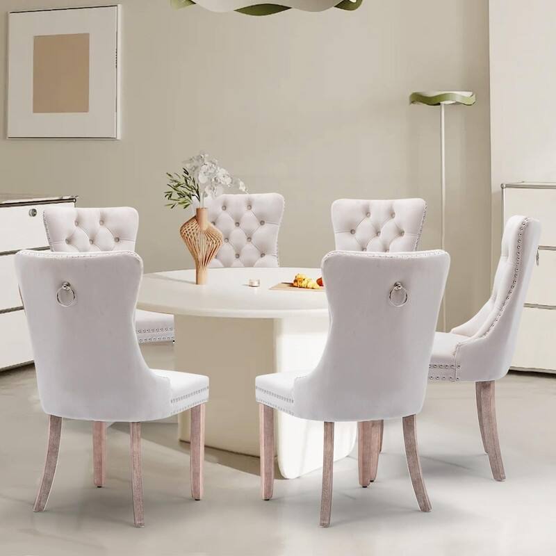 Tufted Naliheads Solid Wood Upholstered Dining Chairs Set of 6 - Beige RubberWoodLegs