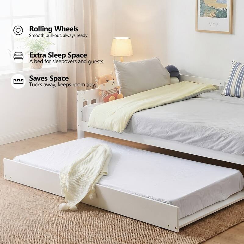 White Full Size Wood Bed with Trundle, Light Strip, Charging Station and Guardrail