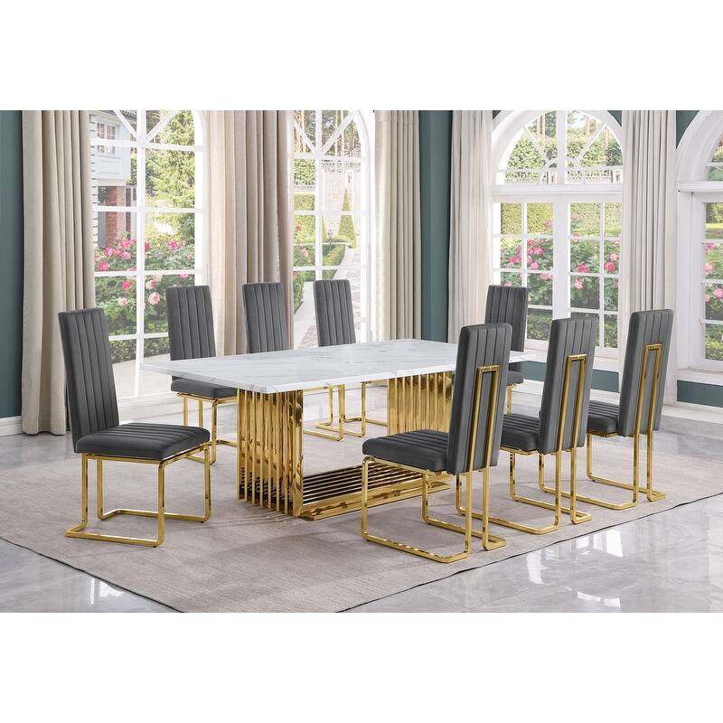 Best Quality Furniture D312/3-SC340-7 Dining Set with 79" White Marble Top - 9-Piece - Dark Grey / Gold