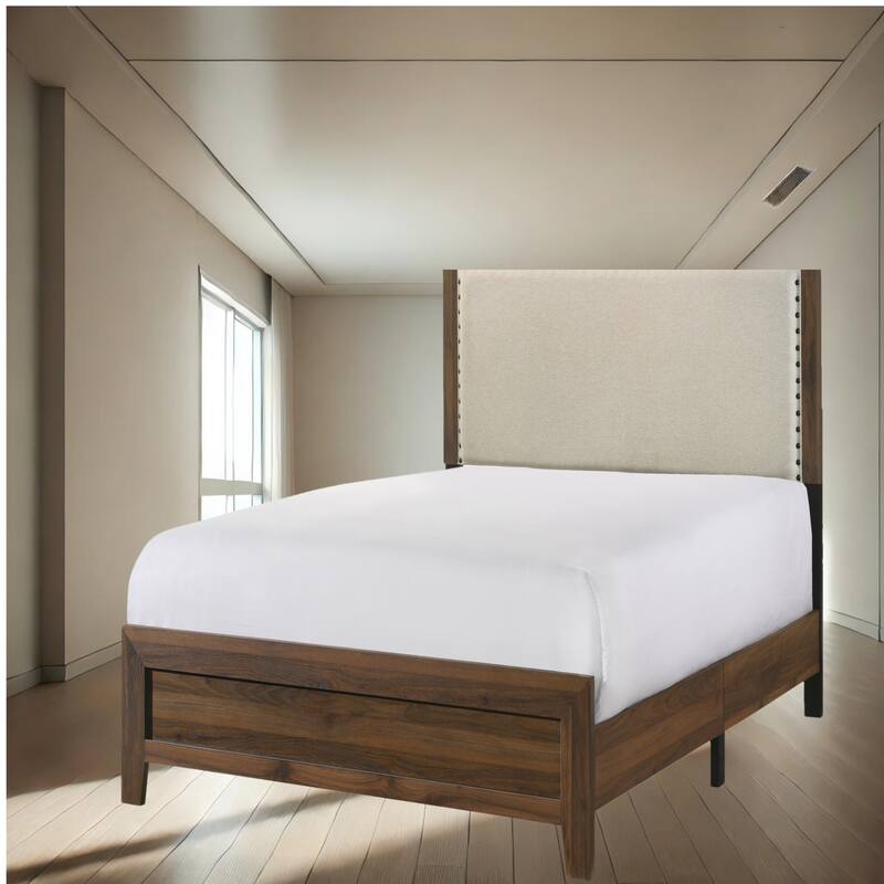 Elegant Brown Cherry Upholstered Headboard Bed with Crystal Inlay and Sturdy Wood Frame, Queen, King, Full, Twin Sizes - Brown - Full