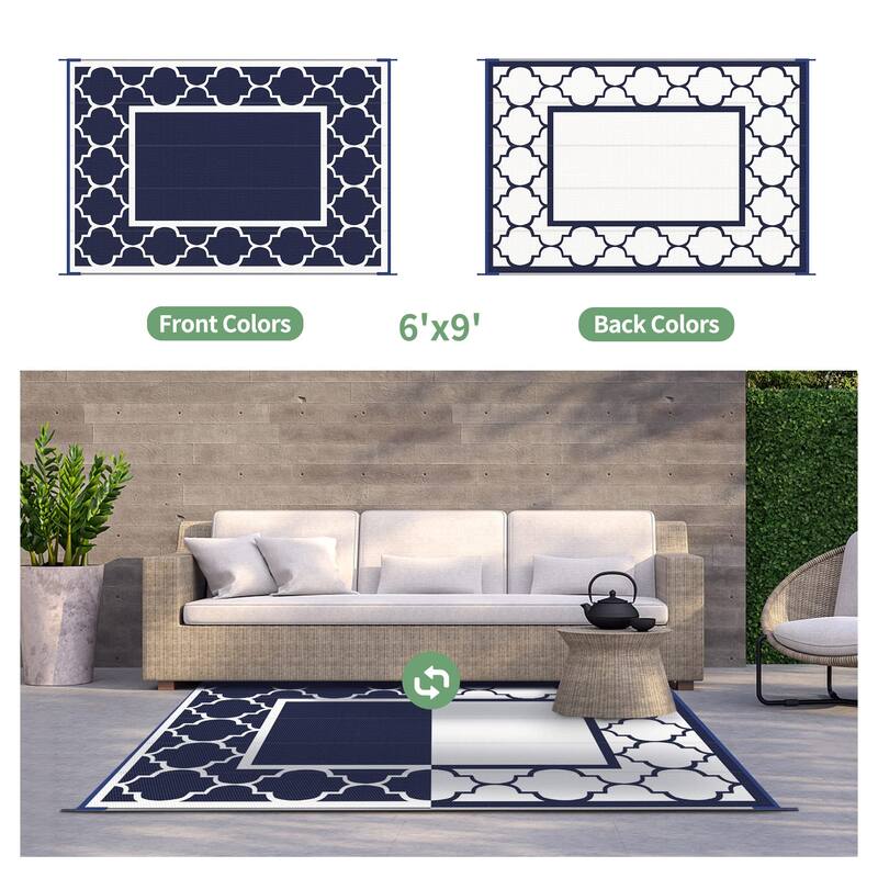 Reversible Dark Tone Geometric Flat-Weave Recyclable Outdoor Rug