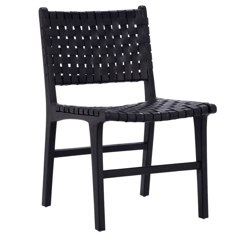 Maverick Top Grain Woven Leather with Teak Frame Dining Side Chair - Black Leather with Black Frame