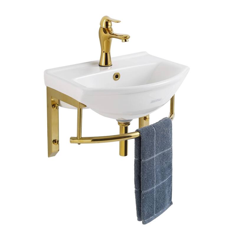 White Ceramic Wall Mount Bathroom Sink with Brass Faucet and Sink Drain