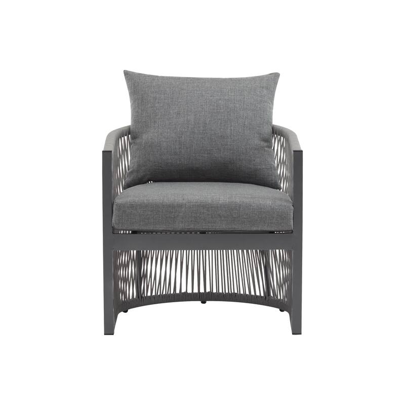 [Set of 2] Modern Beige Curved Aluminum Lounge Chair w/ Stylish Rope-Weave Design & Cushioned Comfort for Backyard, Poolside