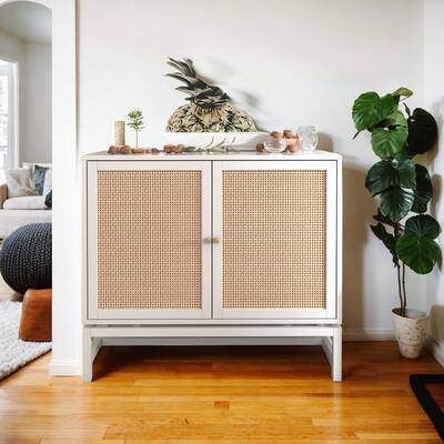 Accent White Rattan 2 Door Storage Cabinet with 1 Adjustable Inner Shelves