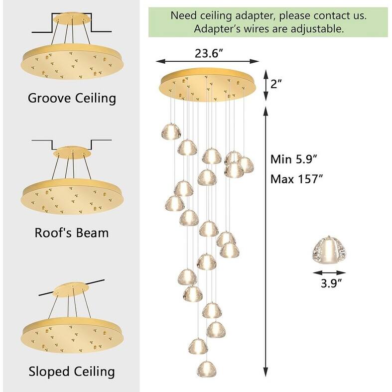KAYLA 30-Lights Gold Modern Crystal Chandelier for Staircases, 157" Extra-Long Adjustable LED Ceiling Light