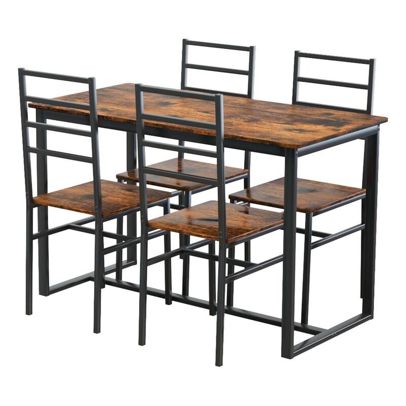 5-Piece Dining Set for 4, Minimalist Dining Table Coffee Table Side Table with Iron Legs, Dark Walnut