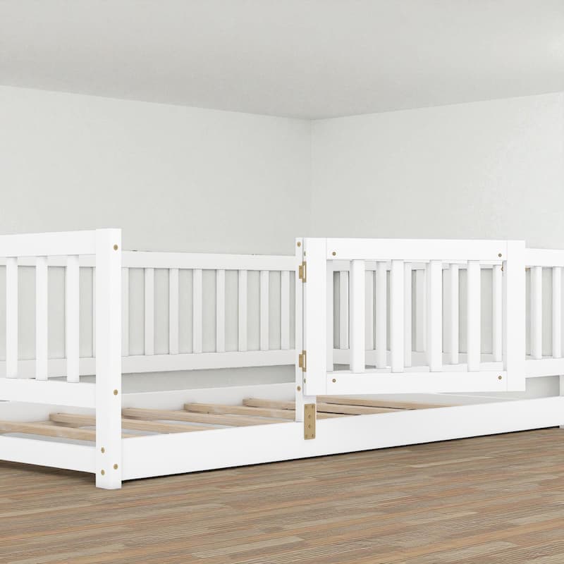 Twin/Full Montessori Floor Bed with Slats, Fence and Door, Wood Low Kids Bed for Girls and Boys, No Box Spring Needed