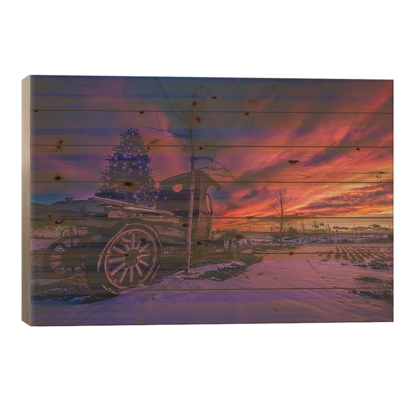 Festive Ford Truck Sunset Print On Wood by Christopher Thomas - Multi-Color - 26x40x1.5