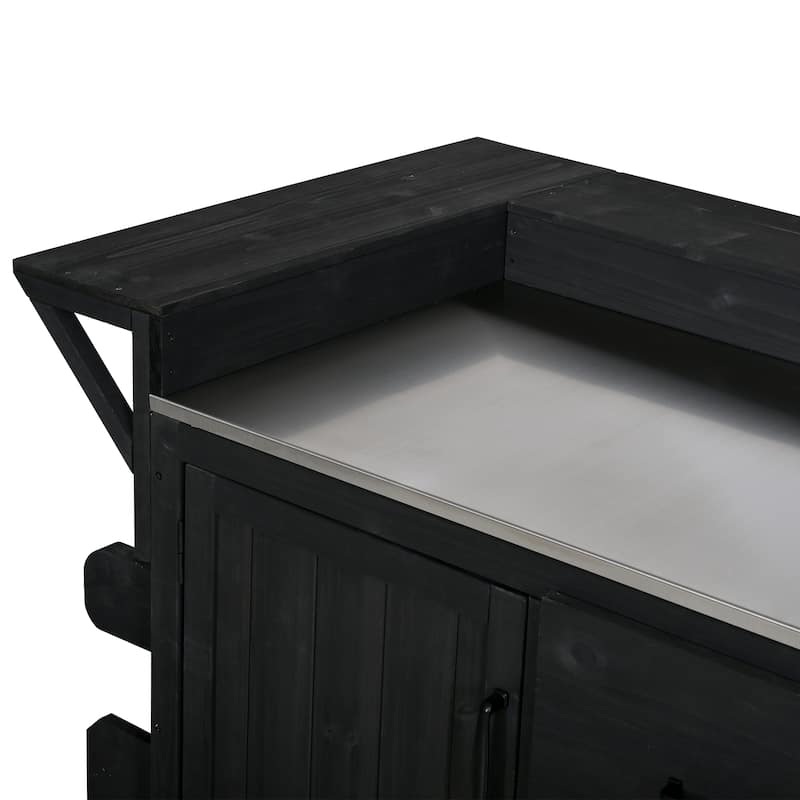 60" Rolling Outdoor Kitchen Island with Stainless Steel Top, Wood BBQ Prep Cart with Wine Rack & Drawers