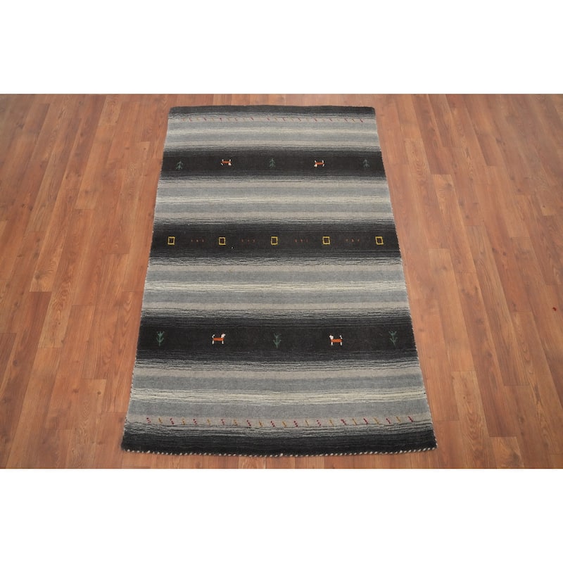 Hand Knotted Oriental 100% Wool Carpet Tribal Animal Pictorial Greys & Charcoal Gabbeh Area Rug - 4' 8'' X 3' 0''
