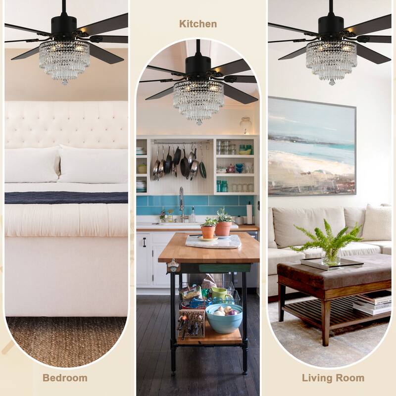Bella Depot 65" Crystal Ceiling Fan with Light Kit and Remote Control,6-Speed Reversible Ceiling Fan