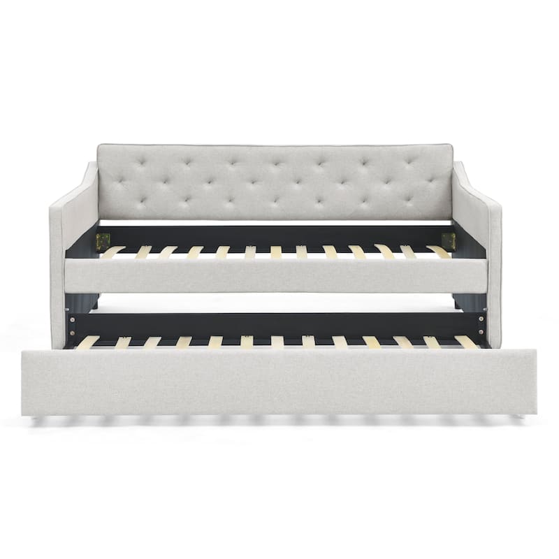 Twin Size Daybed with Twin Size Trundle Upholstered Tufted Sofa Bed, Waved Shape Arms, Grey (80.5"x44.5"x33.5")