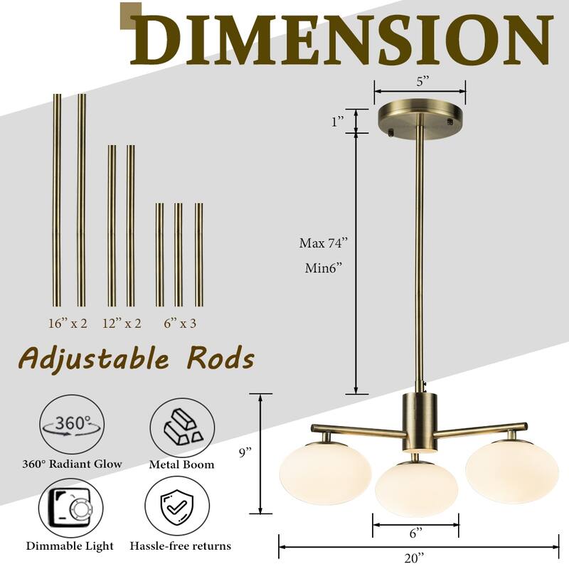 3-Light 20'' Mid Century Modern Opal Glass Chandelier Classic Globe Pendant Light For Dining Room Living Room - W20''