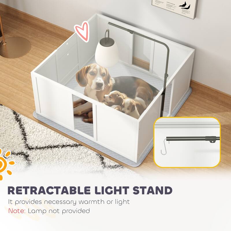 PawHut Whelping Box for Dogs, Newborn Puppy Supplies with Retractable Light Stand, Waterproof Pee Pad, Adjustable Height Door