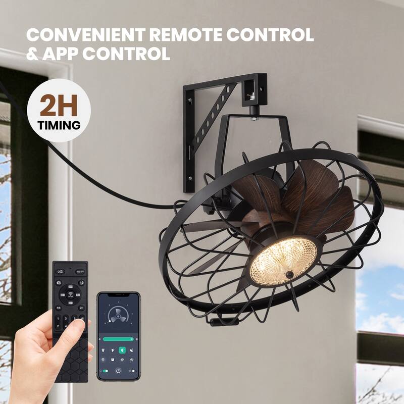 20" Industrial Wall Mount Ceiling Fans with Lights, LED Waterproof Caged Fan with Remote and APP Control - 20''