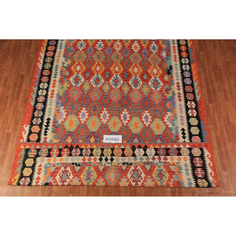 Orange Geometric Kilim Oriental Area Rug Handmade Wool Carpet - 8'7"x 11'3"